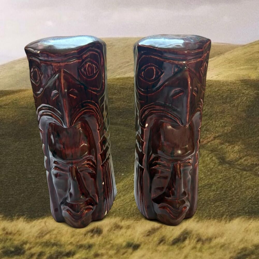 Vintage Set of Tiki Totem Pole Ceramic Statues Figurines